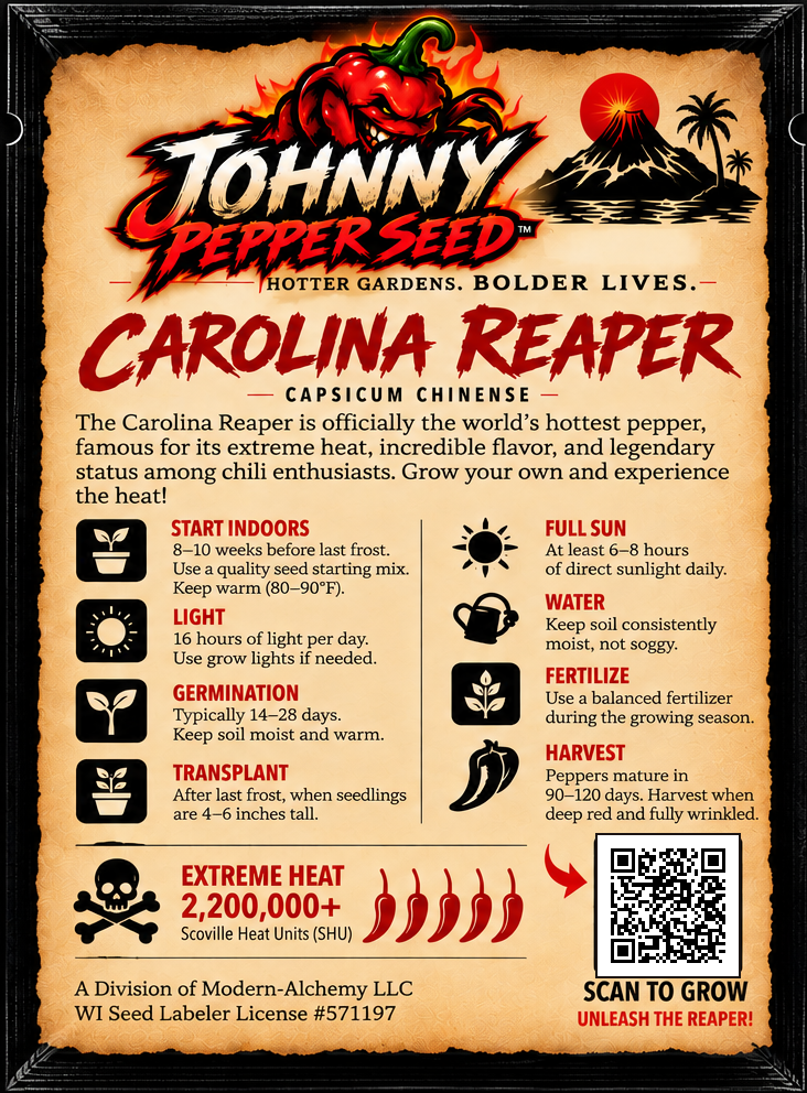 Carolina Reaper Pepper Seeds — 10 + 2 FREE Bonus Seeds | Johnny Pepper Seed